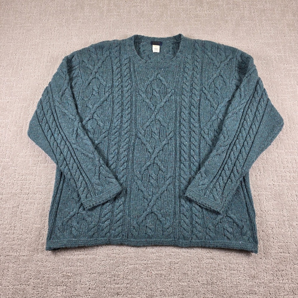 J.Crew Mens Large Teal Blue Fleck Cable Knit Wool Blend Crewneck Sweater Preppy